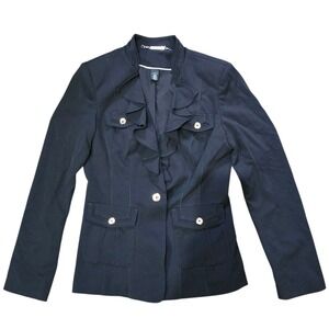 White House Black Market Ruffle Blazer Gold Buttons Military Style Jacket Size 6